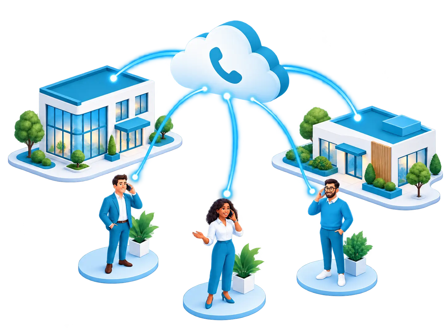 Illustration of people and offices connected through cloud calling