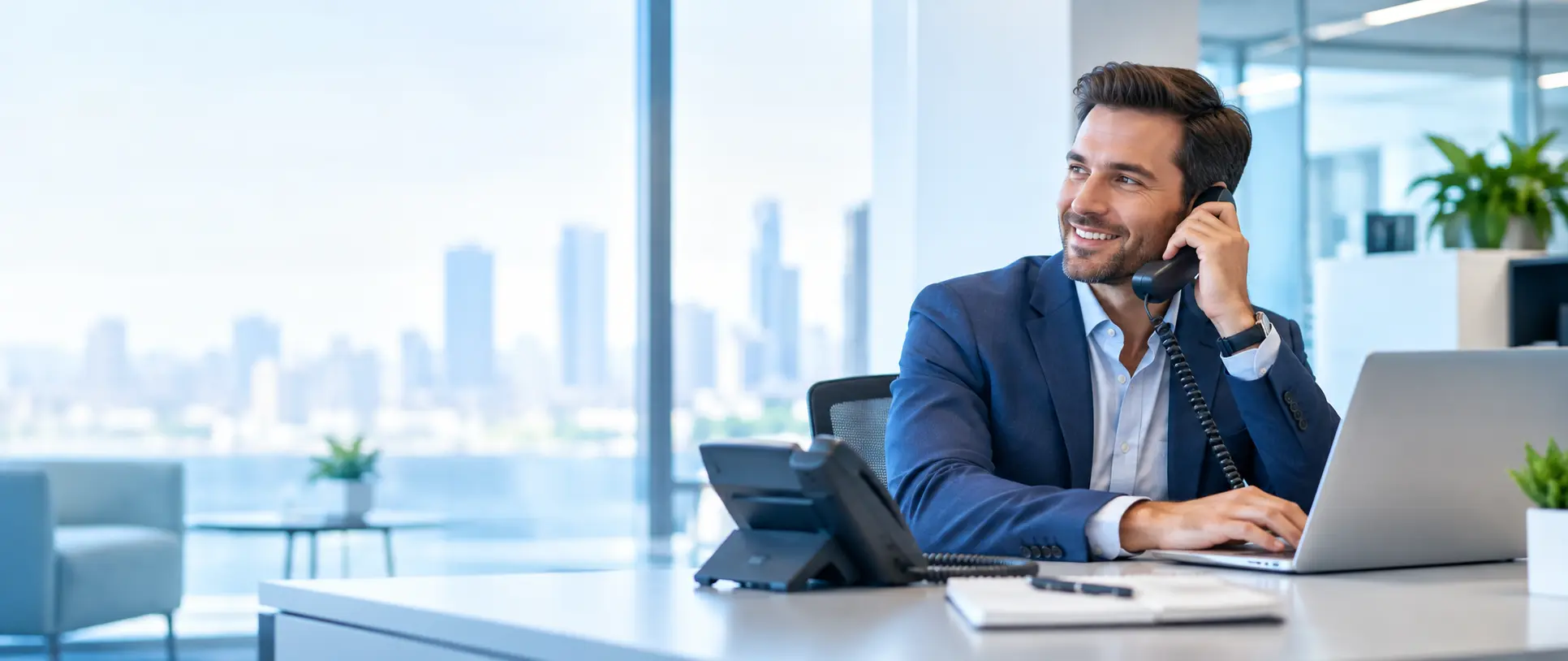 Business professional using a phone and laptop